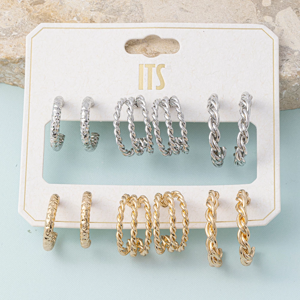 Two Tone Textured Rope Hoop Earring Set