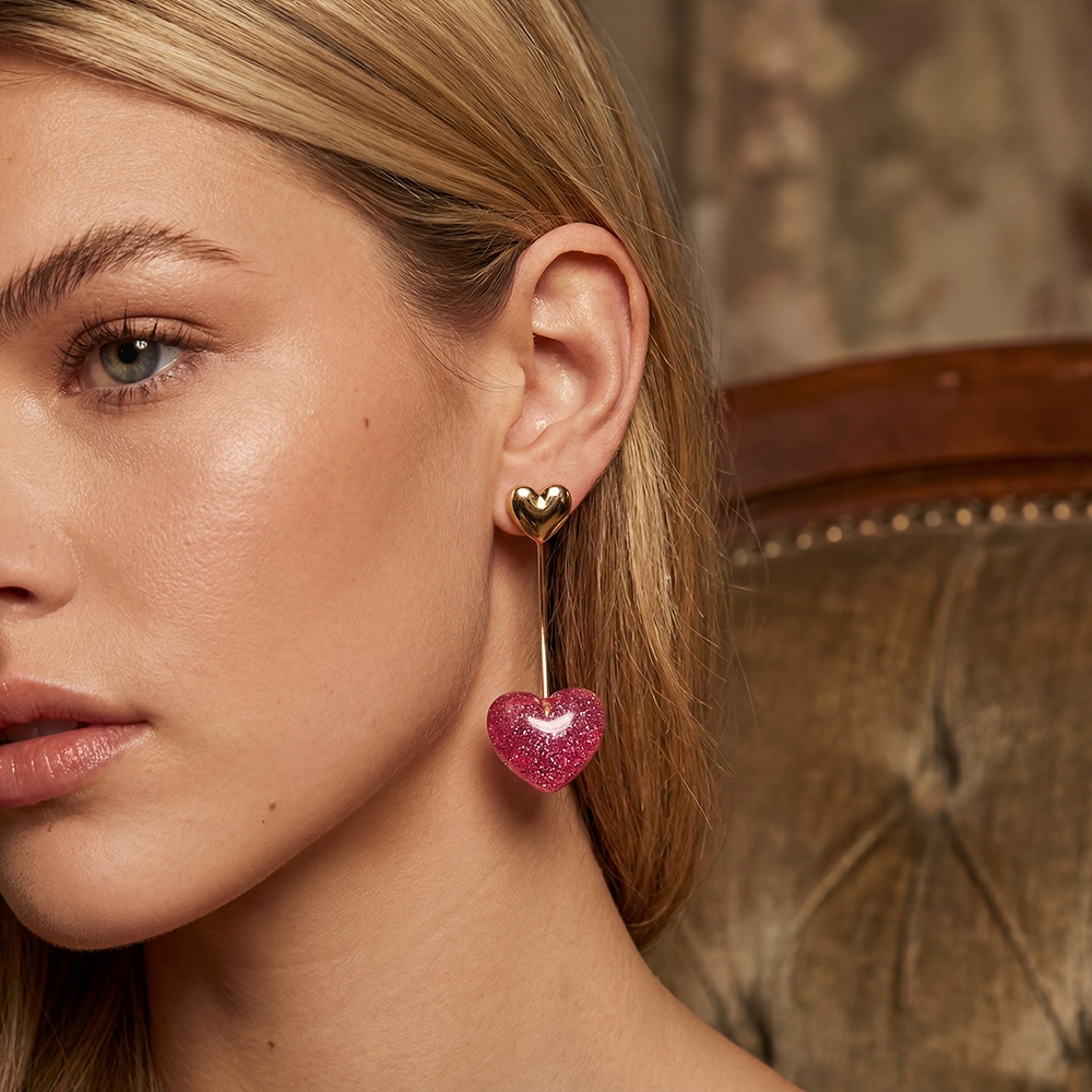 Metallic And Glitter Resin Hearts Dangle Earrings