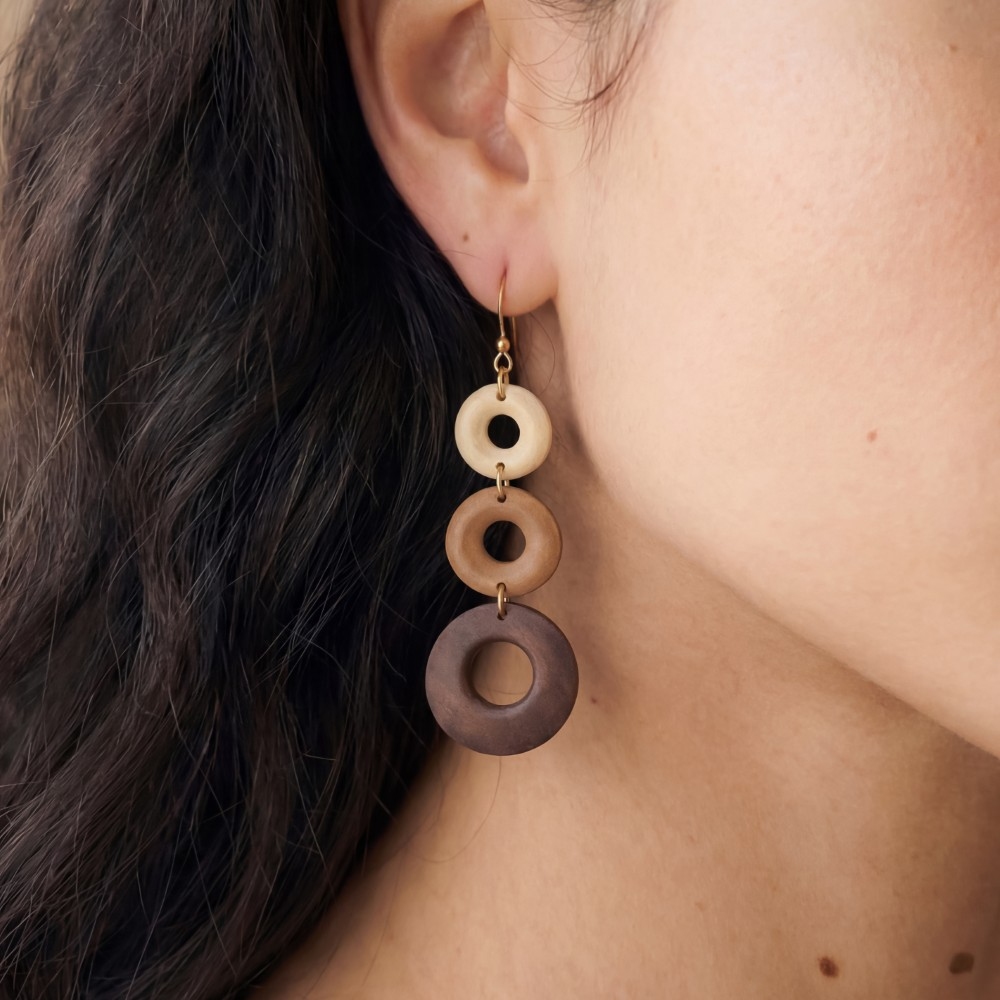 Tiered Multi Tone Wooden Hoop Dangle Earrings