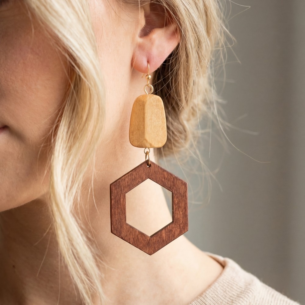 Hexagon Wood Drop Earrings