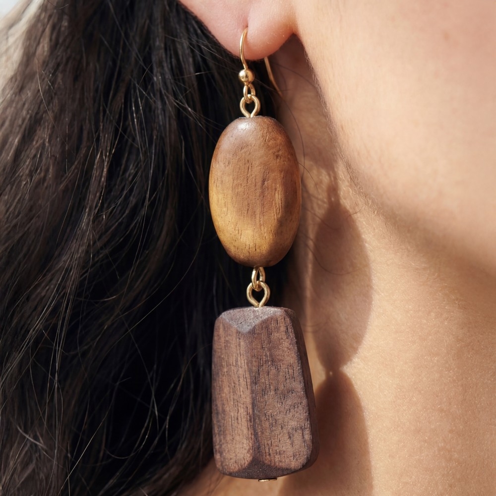 Tiered Chunky Wooden Beads Dangle Earrings