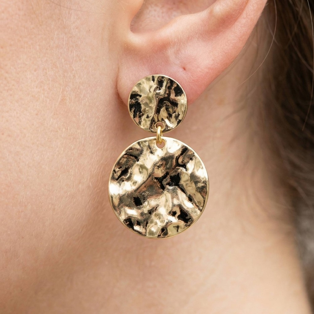Double Hammered Coin Drop Earrings