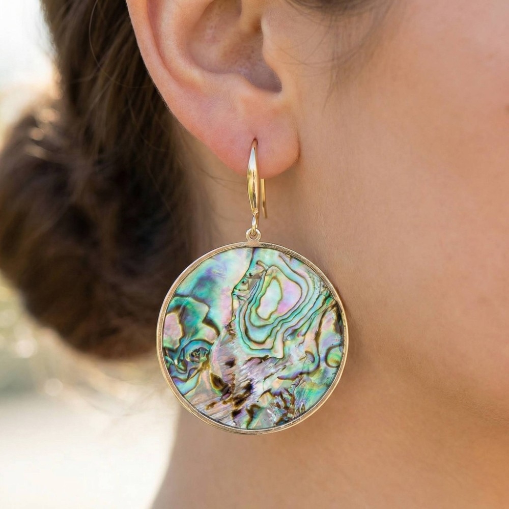 Gold Bezel Circle Shell Drop Earrings