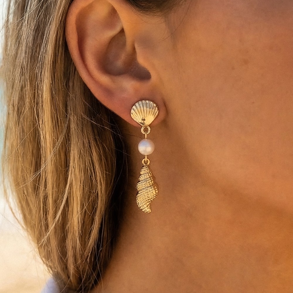 Pearl Clam And Conch Shell Dangle Earrings