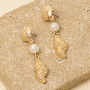 Pearl Clam And Conch Shell Dangle Earrings