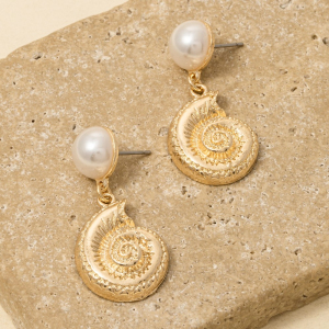 Pearl Stud And Sea Shell Dangle Charm Earrings