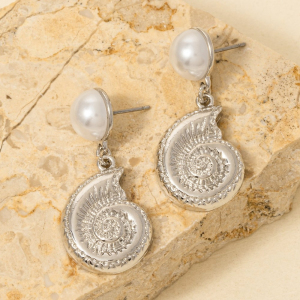 Pearl Stud And Sea Shell Dangle Charm Earrings