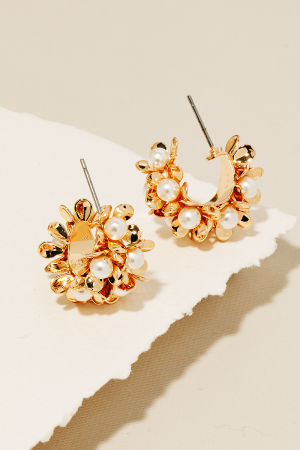 Pearl Beaded Flower Hoop Earrings