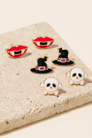 Skull Witch Lips Enamel Halloween Earrings Set
