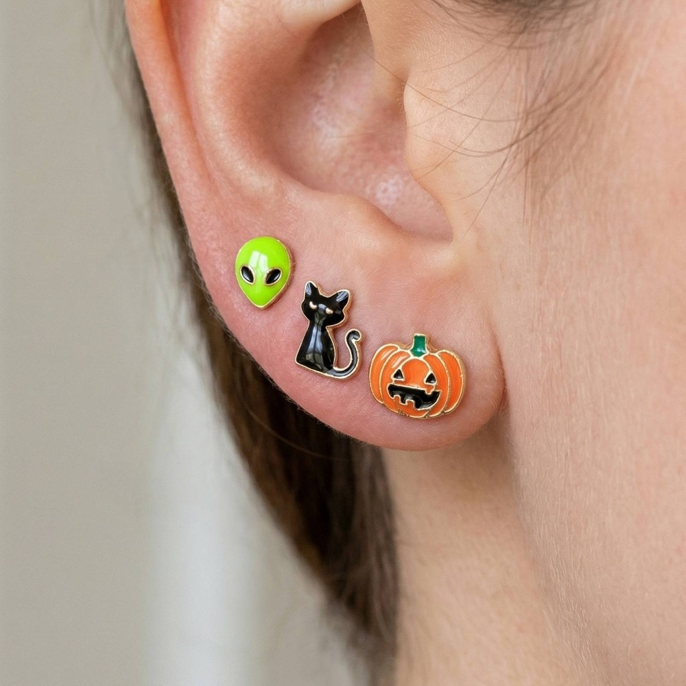 Alien Cat Pumpkin Enamel Halloween Earrings Set