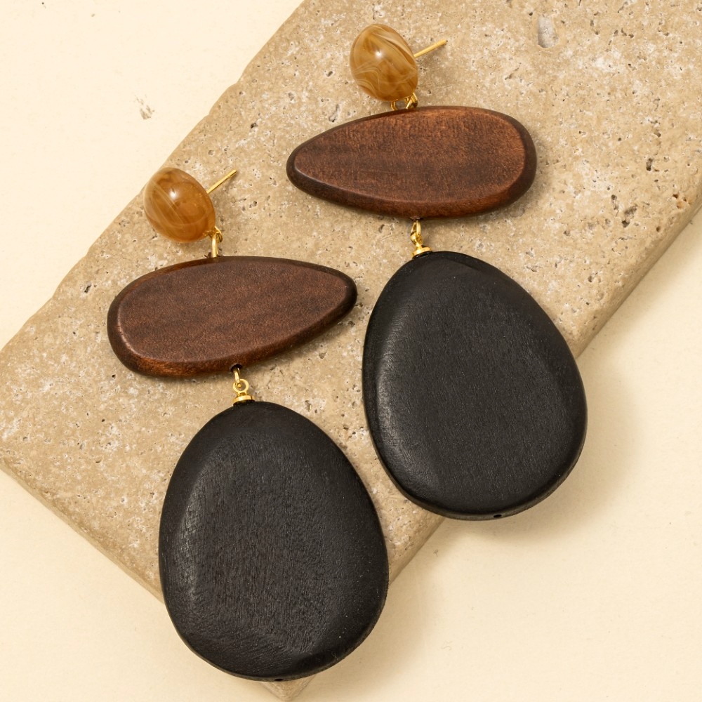 Mixed Wooden Ovals Tiered Dangle Earrings