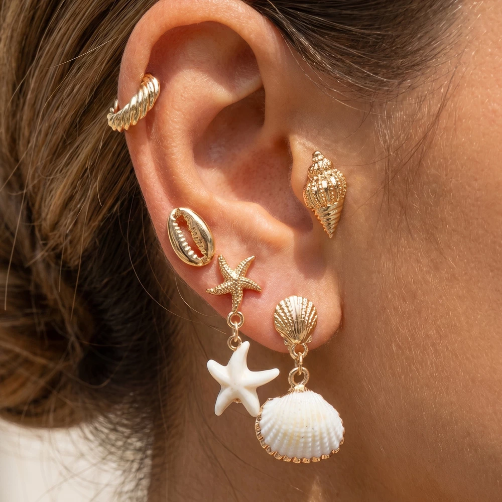 Cowrie And Scallop Shell Earrings Set