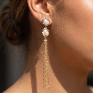 Double Pearl Frame Chain Tassel Drop Earrings
