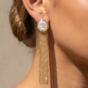 Baroque Pearl Stud Earrings With Chain Tassel