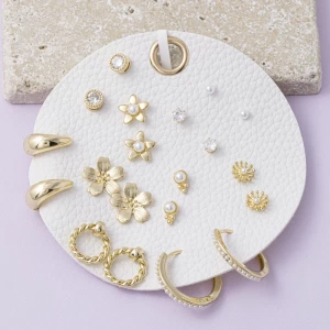 Flower And Pearl Stud Earring Set Of Nine
