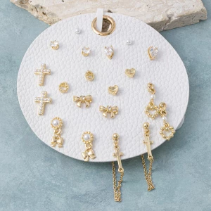 Ten Pair Bow Cross Pearl Stud Earring Set