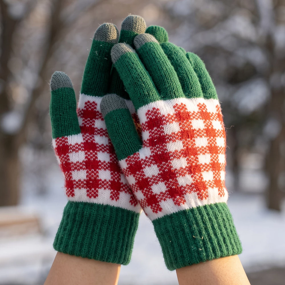 Gingham Check Touchscreen Knit Gloves