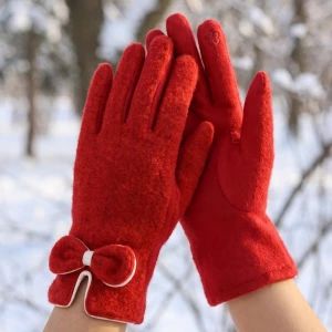 Boucle Knit Piped Bow Touchscreen Gloves