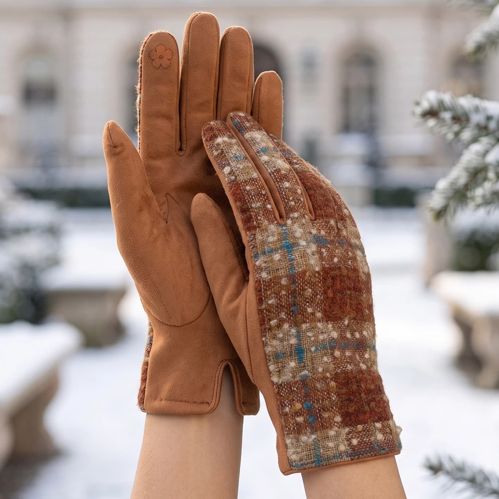 Plaid Tweed Panel Touchscreen Gloves