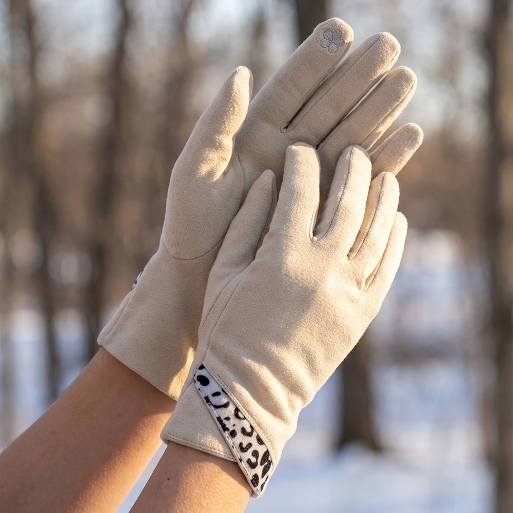Leopard Trim Cuff Touchscreen Gloves