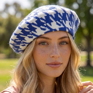 Houndstooth Knit Beret Hat