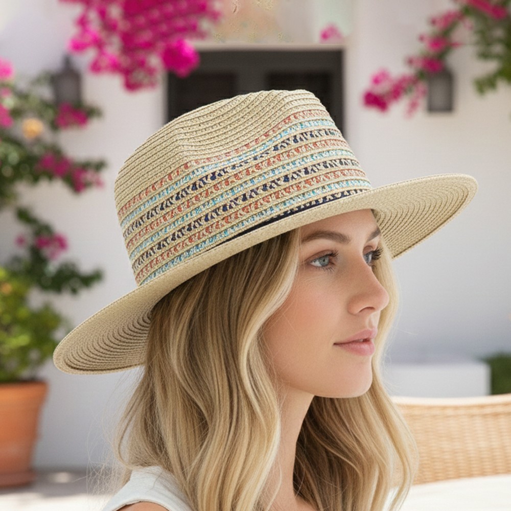 Multicolor Woven Straw Fedora Hat