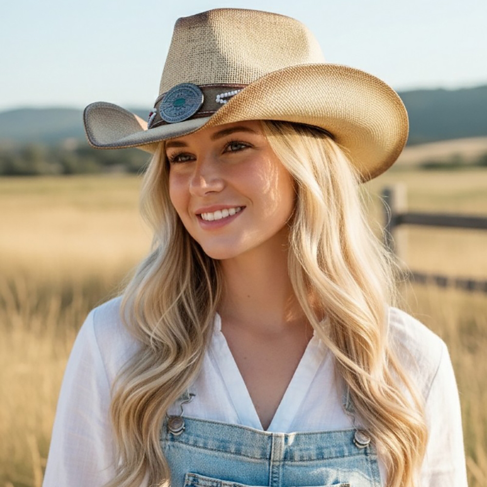 Western Theme Concho Strap Straw Cowboy Hat