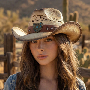 Western Shield Buckle Band Two Tone Straw Cowboy Hat