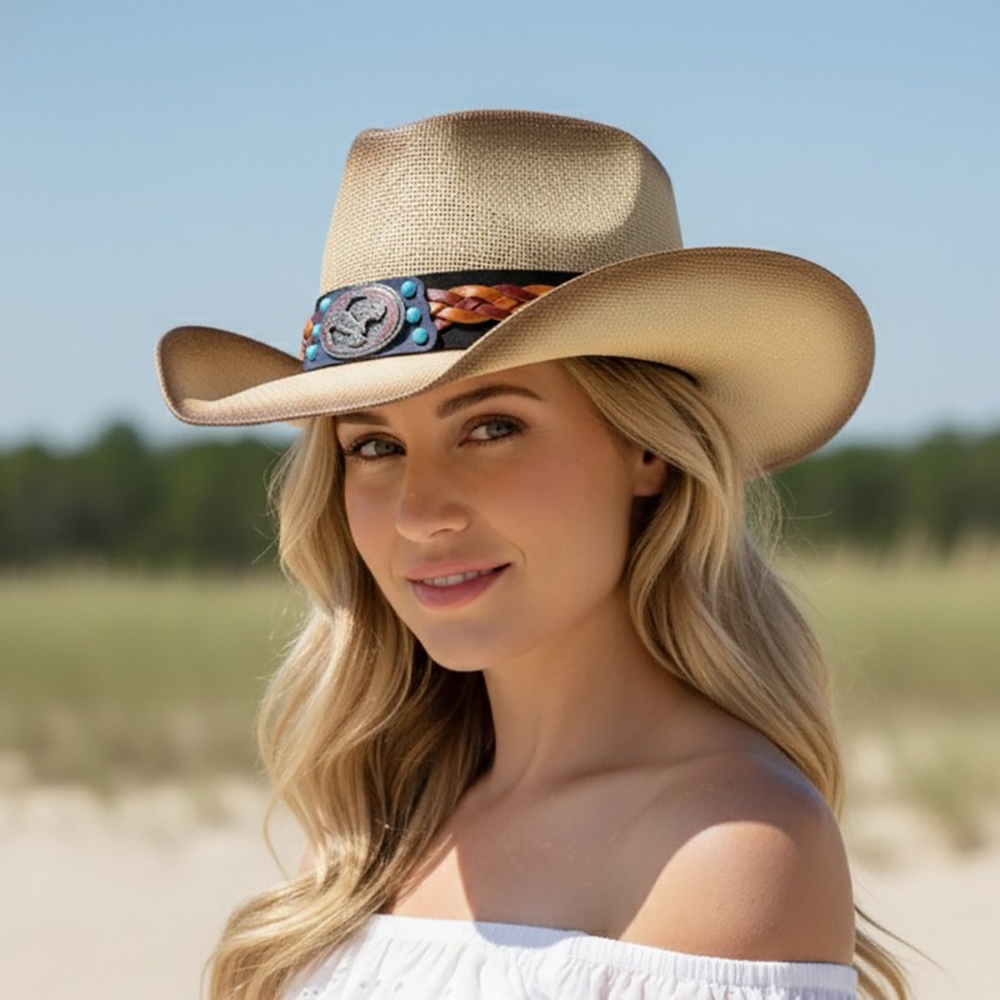 Western Eagle Strap Straw Cowboy Hat