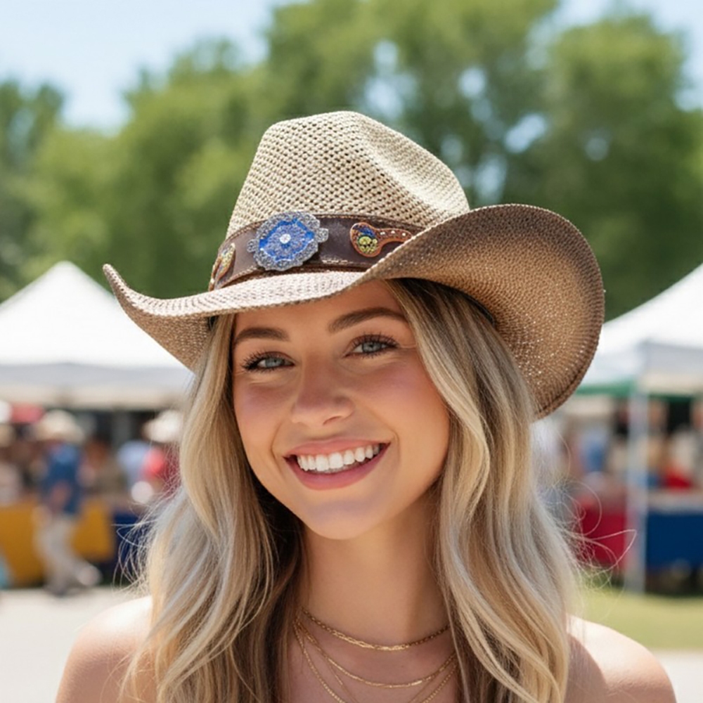 Western Boho Embroidered Strap Straw Cowboy Hat