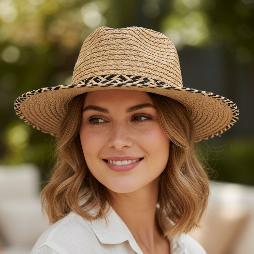 Two Tone Trim Straw Fedora Hat