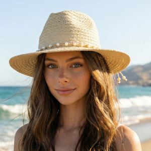 Pearl Bead Band Natural Straw Hat