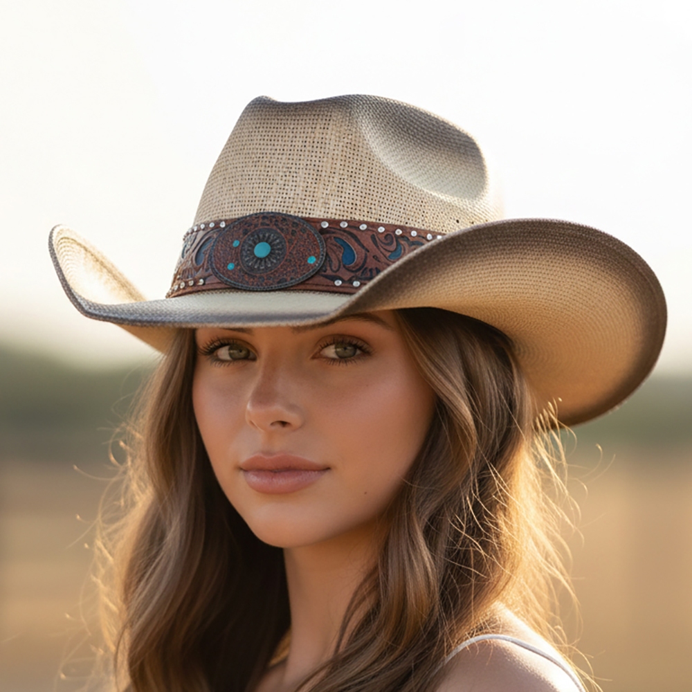 Floral Concho Band Two Tone Straw Cowboy Hat