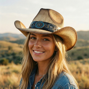 Bull Medallion And Stud Band Straw Cowboy Hat