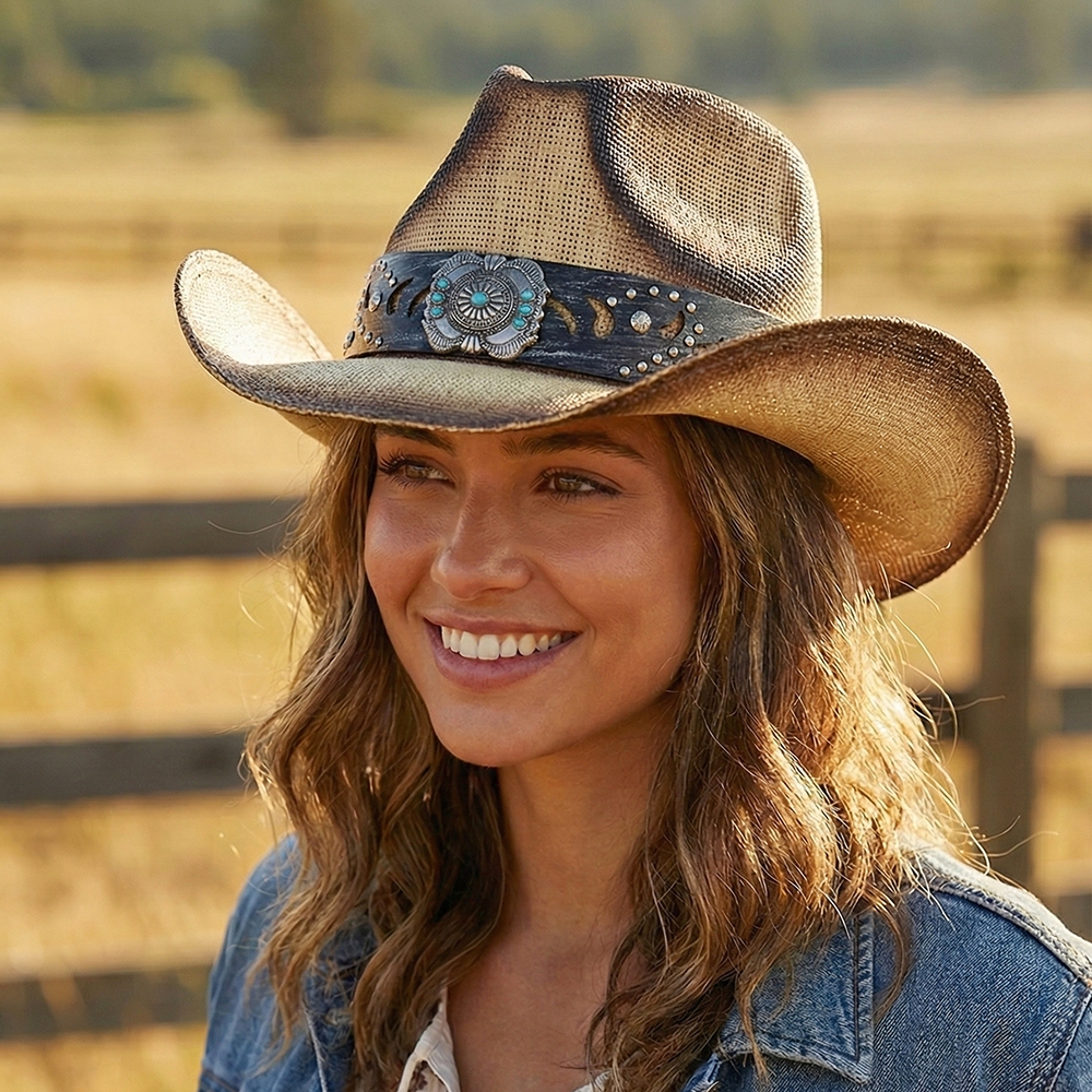 Silver Concho Turquoise Band Straw Cowboy Hat