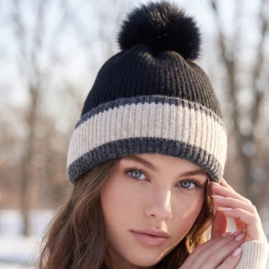 Striped Cuff Pompom Ribbed Beanie