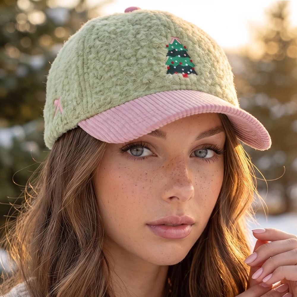 Christmas Tree Embroidered Sherpa Baseball Cap