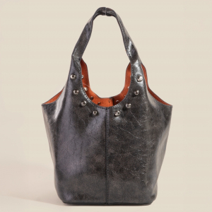 Weathered Leather And Studs Bucket Bag