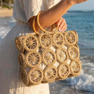 Open Circle Weave Straw Tote Bag With Wood Handle