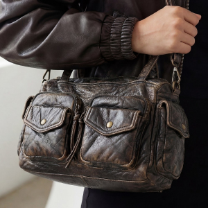 Multi Pocket Textured Leather Shoulder Bag