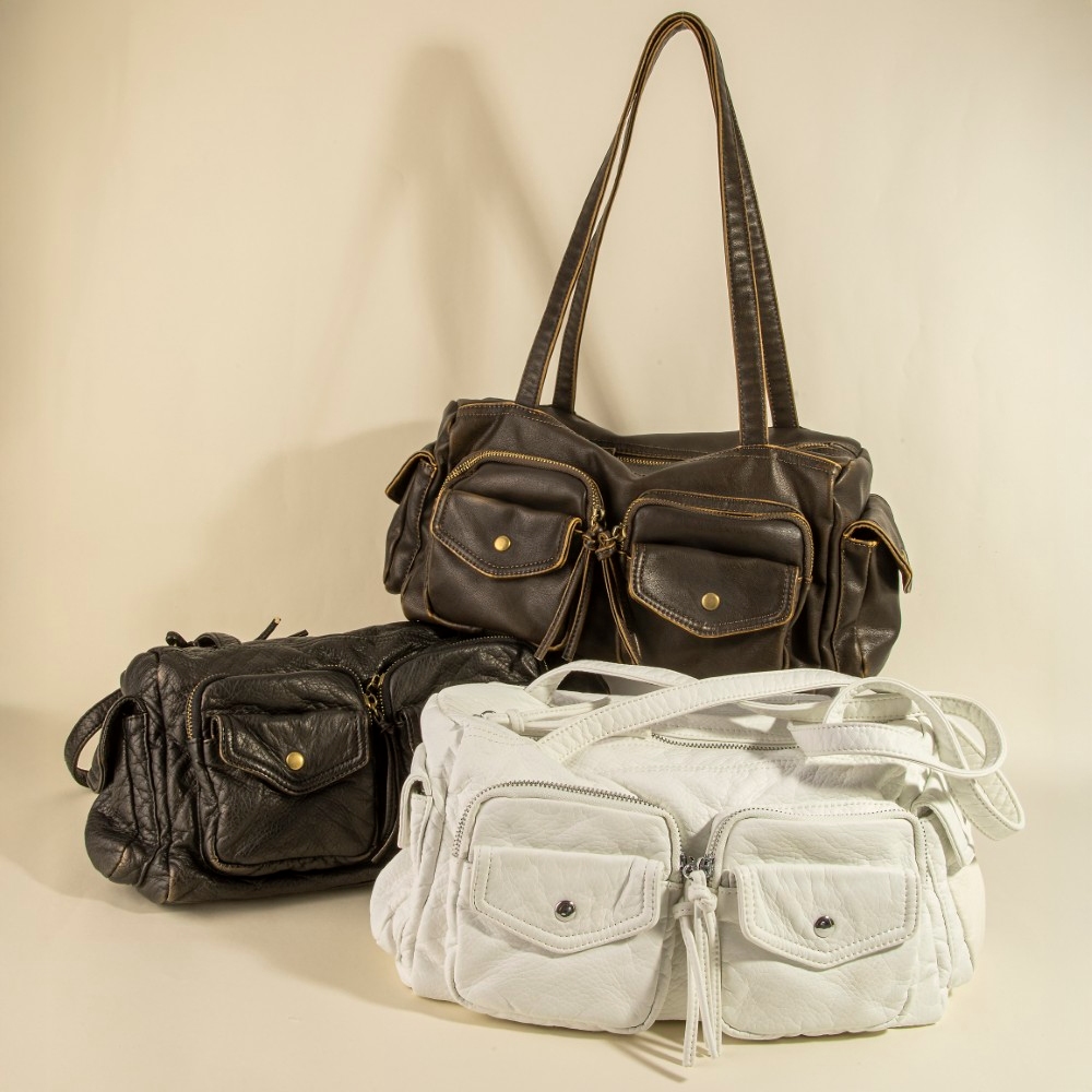 Multi Pocket Textured Leather Shoulder Bag