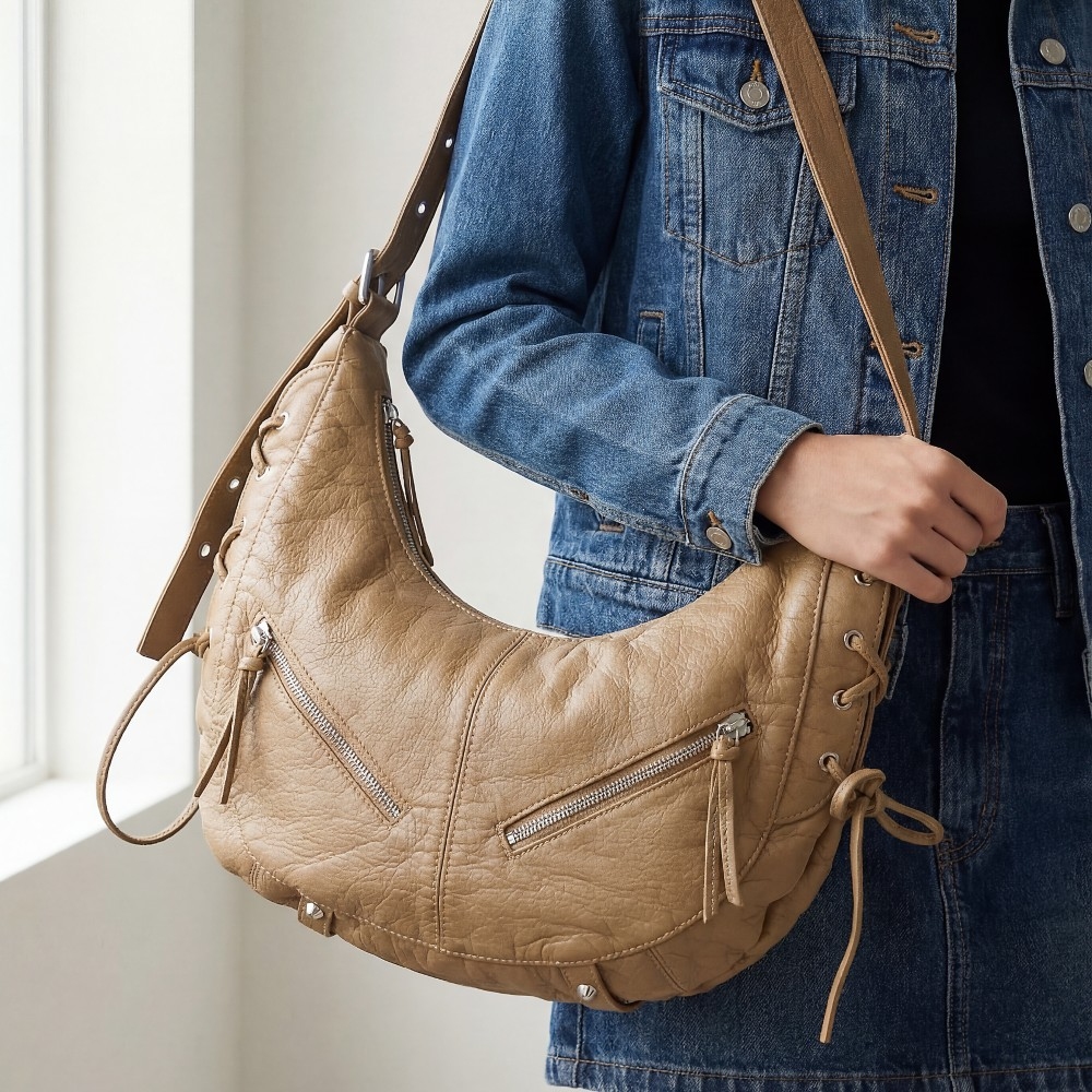 Larger Leather Crescent Shoulder Bag