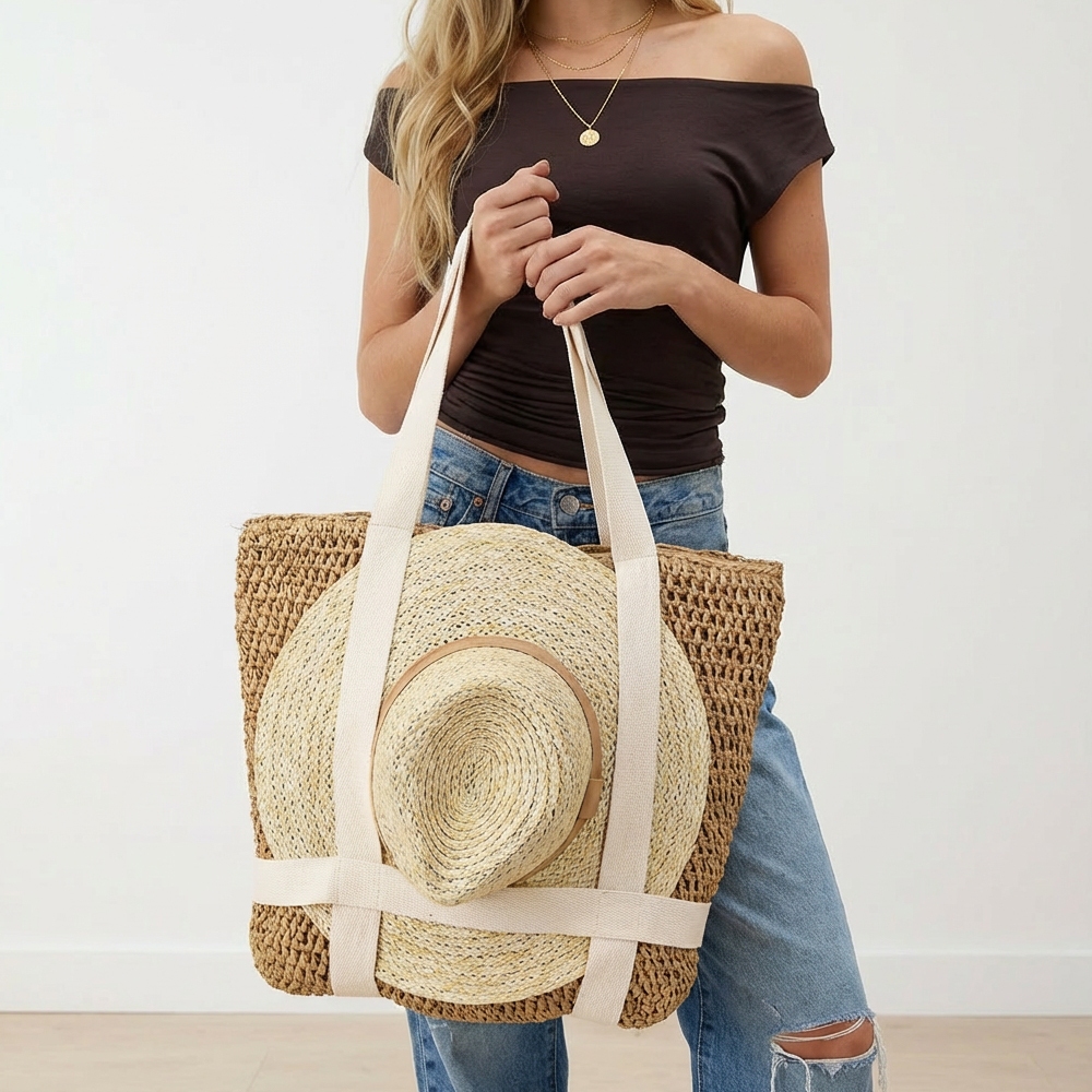 Straw Braided Hat Carrier Tote Bag