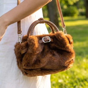 Plush Fur Belted Mini Top Handle Crossbody Bag