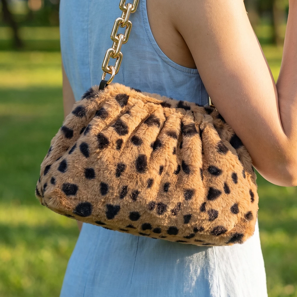 Plush Animal Print Chunky Chain Shoulder Bag