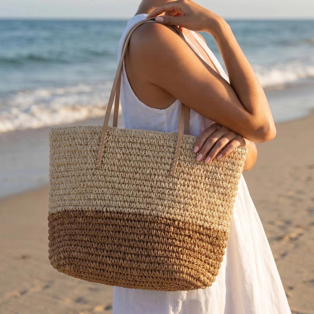 Woven Straw Two Tone Color Block Beach Tote Bag