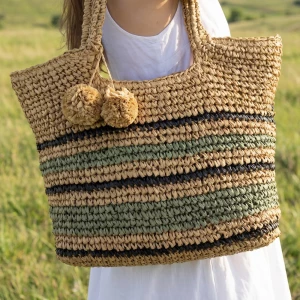 Striped Paper Woven Pom Pom Charm Tote