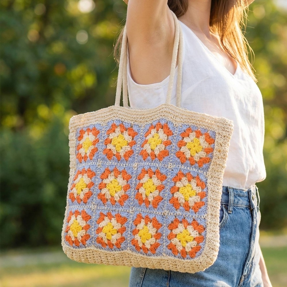 Straw Braided Floral Pattern Tote Bag