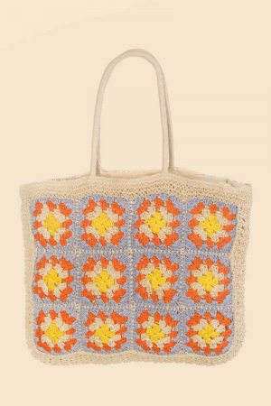 Straw Braided Floral Pattern Tote Bag