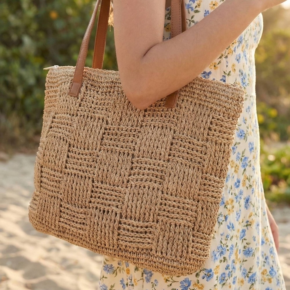Straw Braided Basket Weave Tote Bag